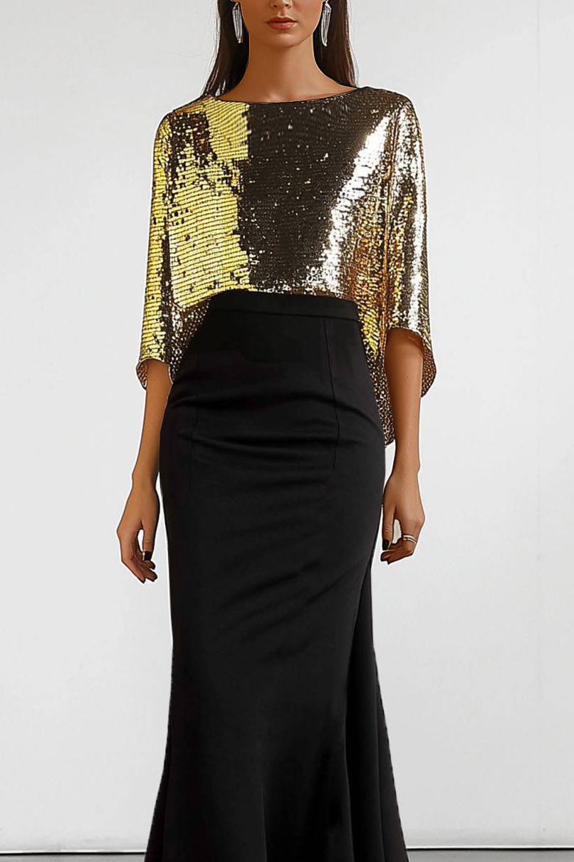  Ball Party Sequin Dress Cape Style Color Block Mermaid Maxi Dress