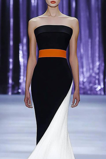 Evening Formal Strapless Dress Black-White Color Block Orange Belt Pleated Maxi Dress