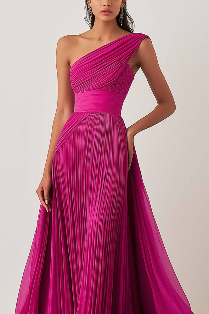 Prom Formal Pleated Dress Rose Color One-Shoulder Floor-Length Dress