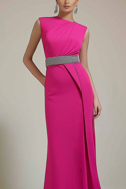 Party Semi-Formal Dress Rose Color Pleated Sleeveless Belted Maxi Dress