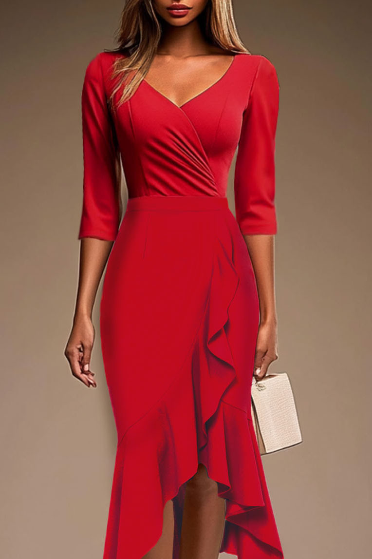 Party Cocktail Red Dress V-Neck Wrap-Style Top Asymmetrical Ruffle Dress
