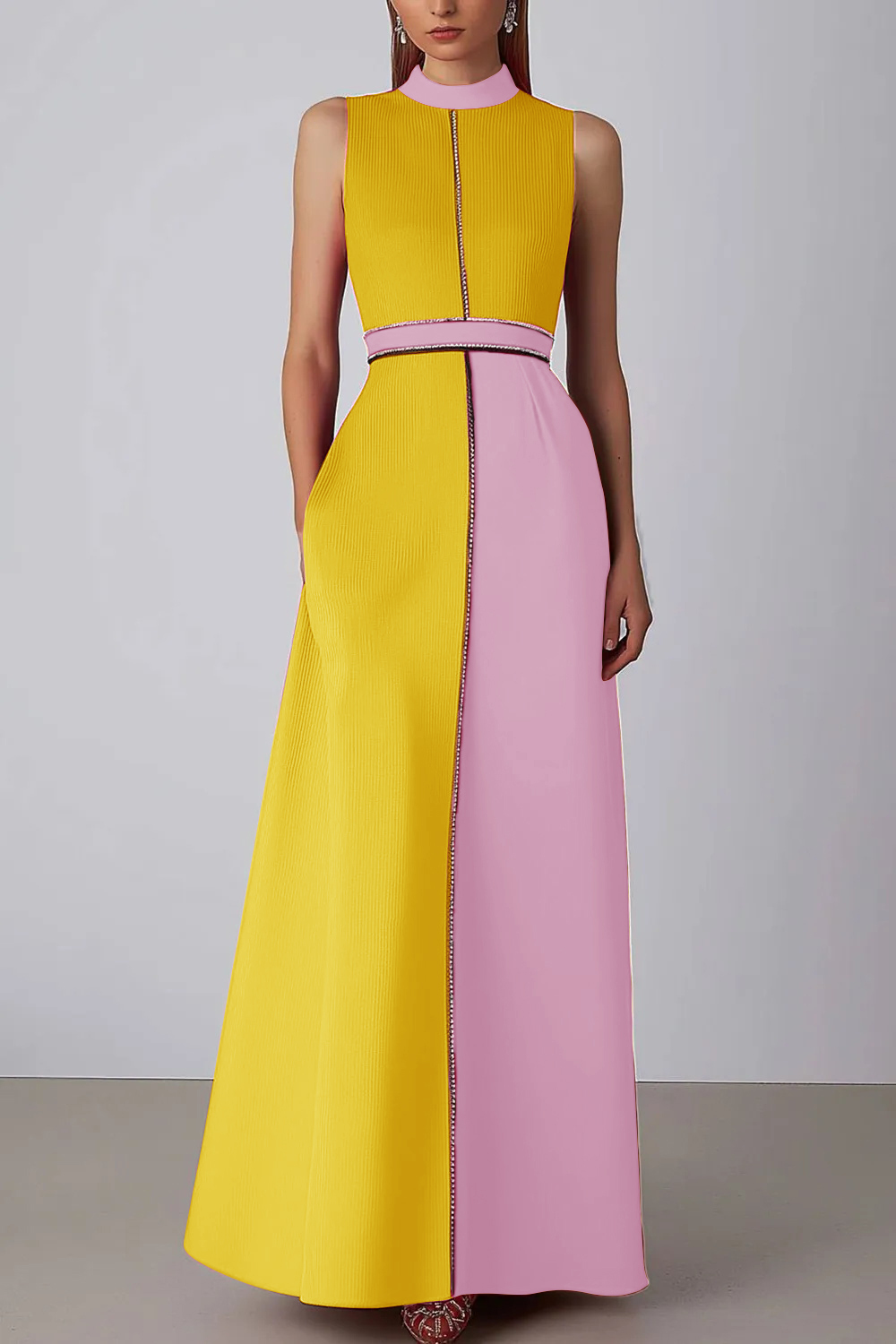 Elegant Pink Evening Formal A-Line Gown Ombre Crepe Black Trim Dress