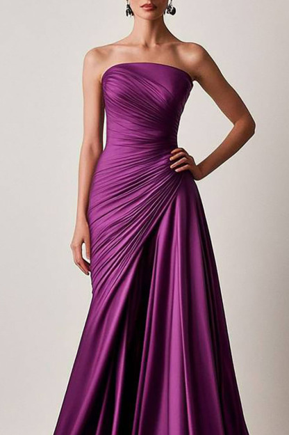 Prom Pleated Dress Purple Strapless Floor-Length Dress