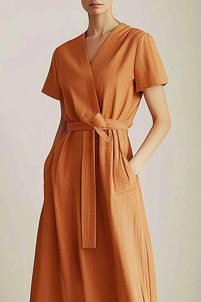 Casual Linen Dress Orange Cross-Over Tie Waist Pocketed Midi Dress