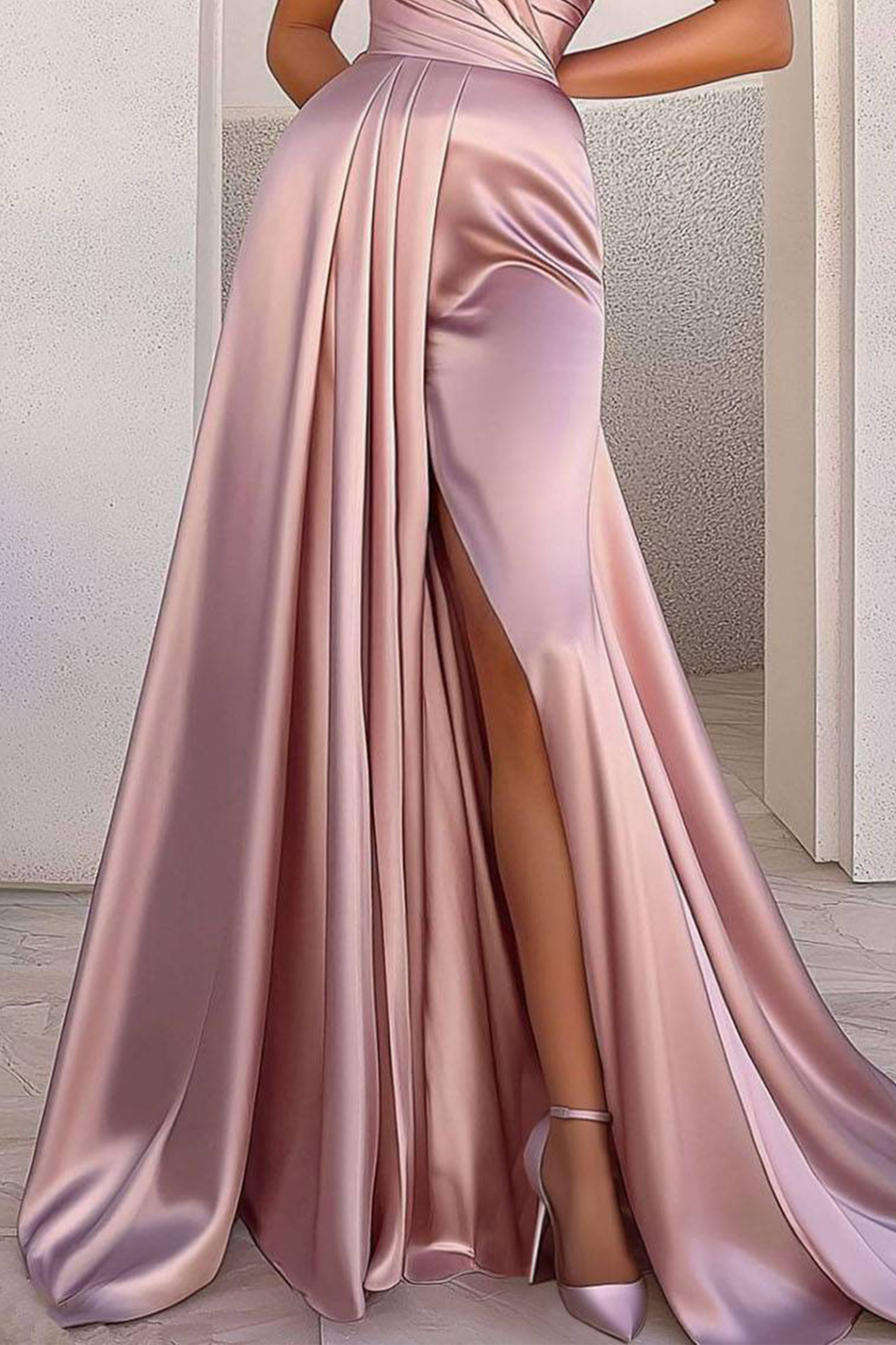 Evening Prom Dress Pink Strapless Satin Pleated Floor Length Dress