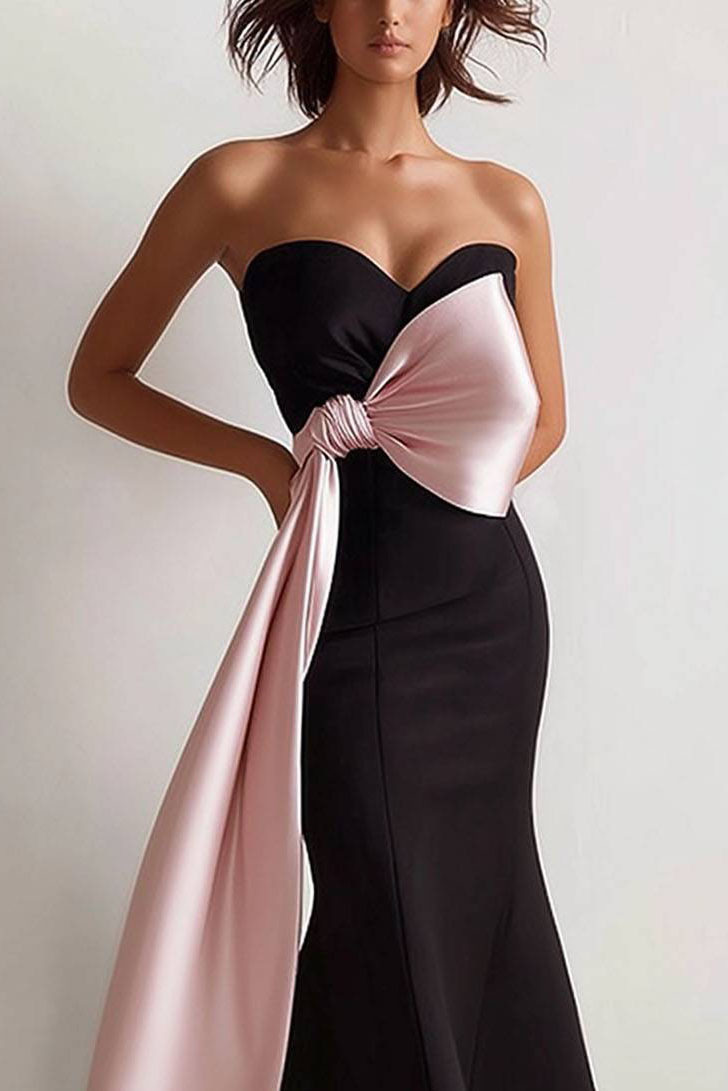 Prom Strapless Dress Black with Large Pink Bow Mermaid Maxi Dress