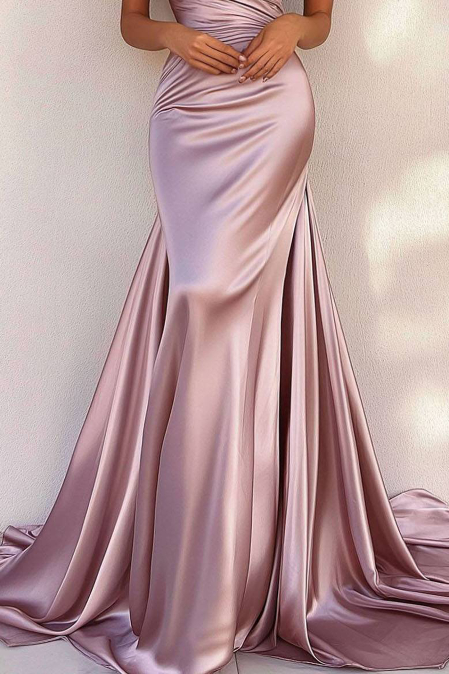 Party Prom Dress Pink Strapless Satin V-Neck Pleated Floor Length Dress