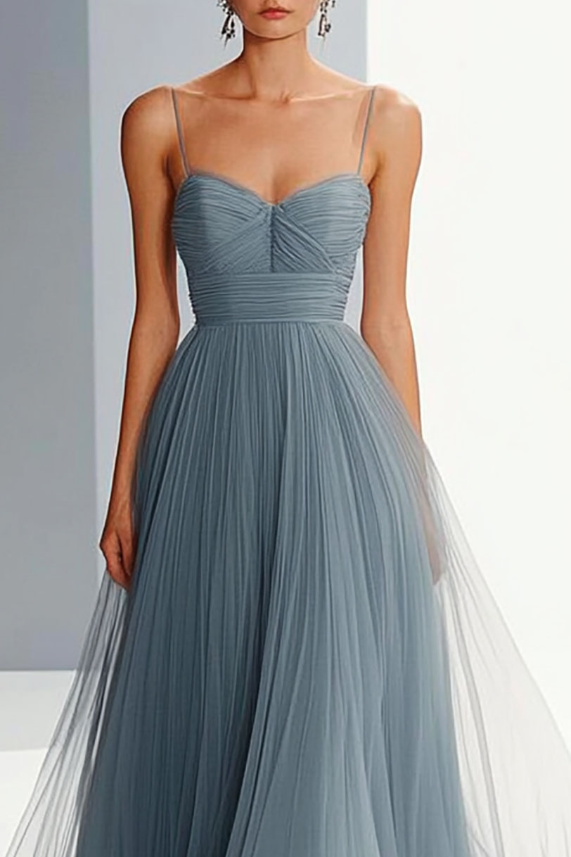 Prom Party Slip Dress Grey Blue Pleated Mesh Maxi Dress