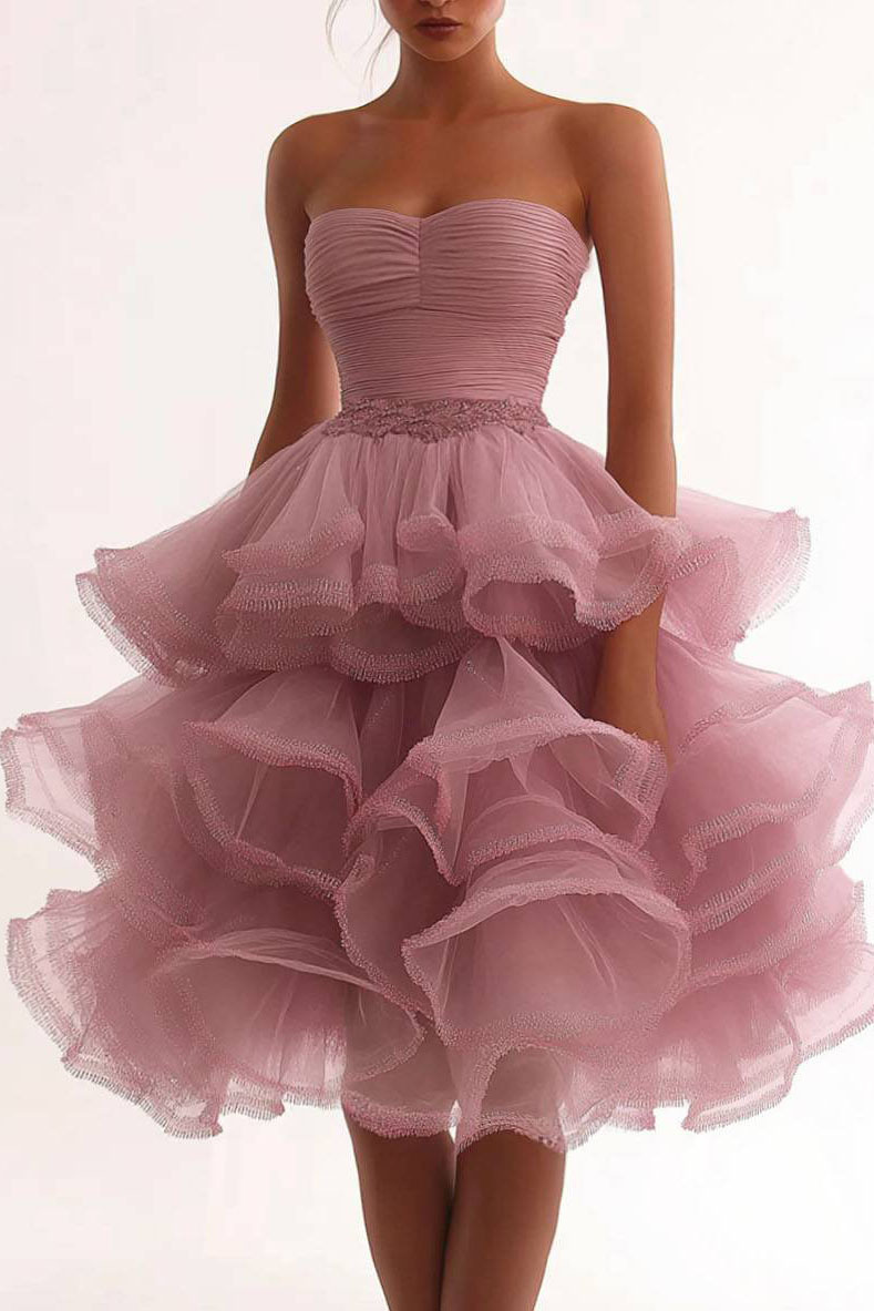 Prom Party Dress Strapless Tiered Pink Mesh Knee-Length Dress
