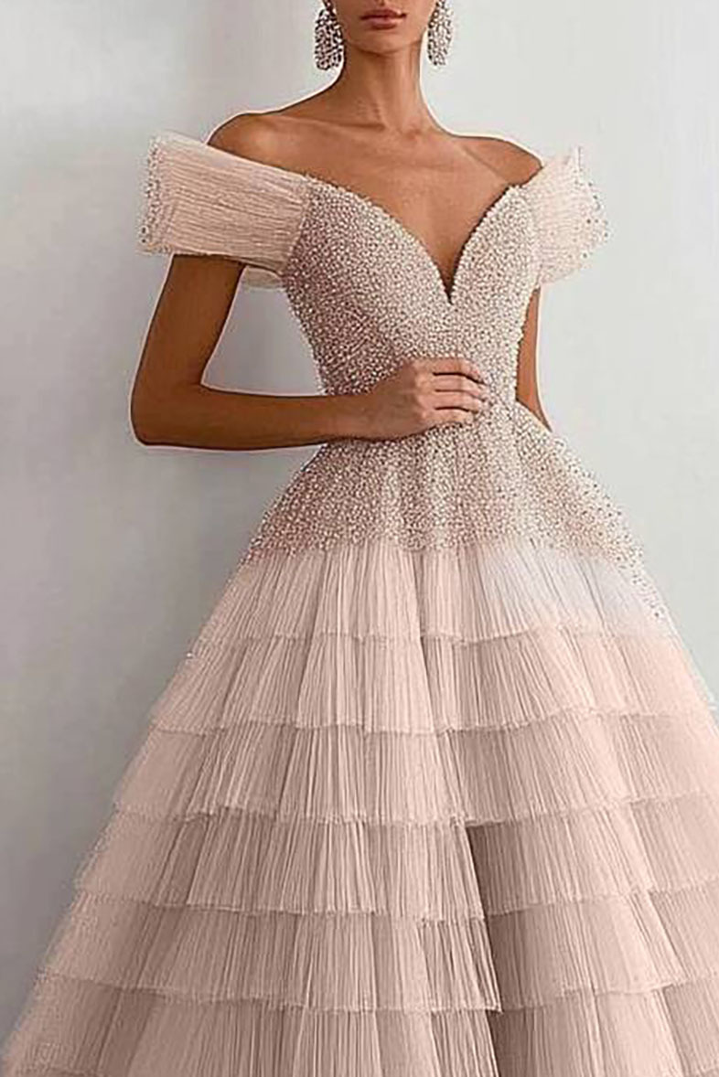 Evening Prom Tiered Dress Off-Shoulder Rhinestone Ruffled Graduation Dress