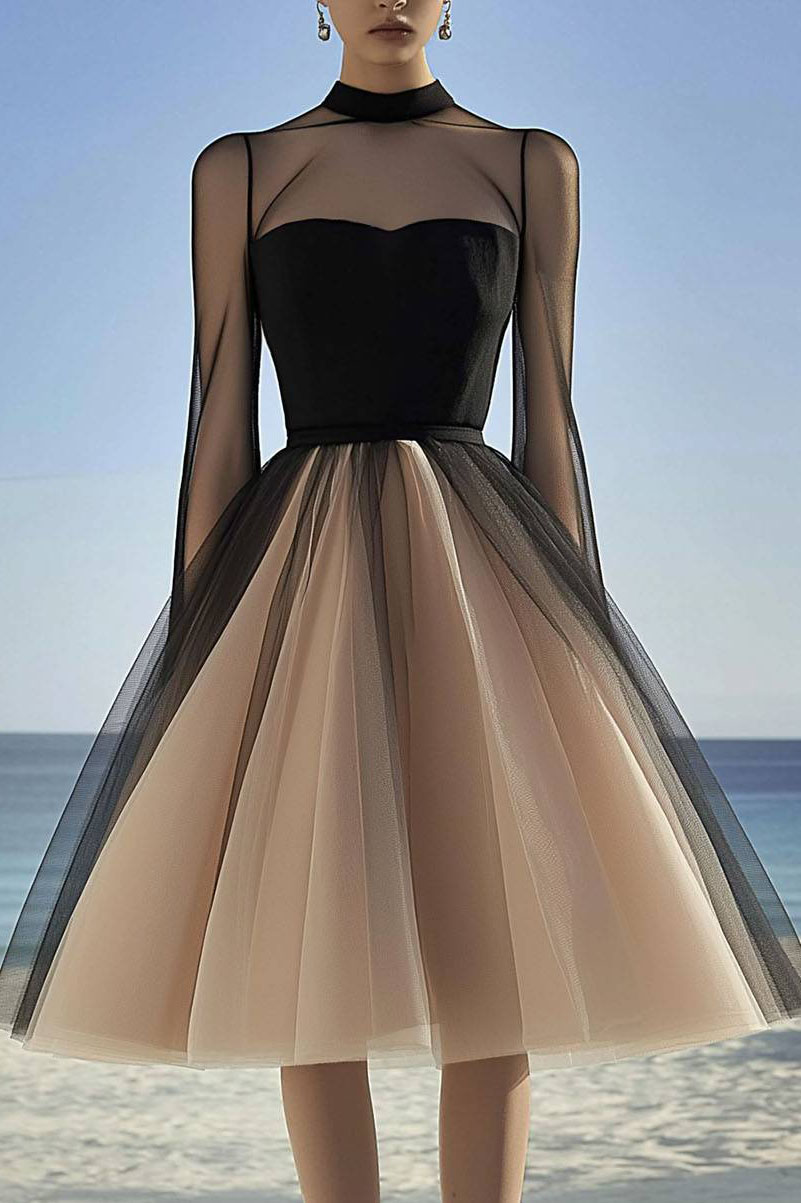 Prom Party Mesh Dress Color Block Long Sleeve Ball Gown Knee-Length Dress