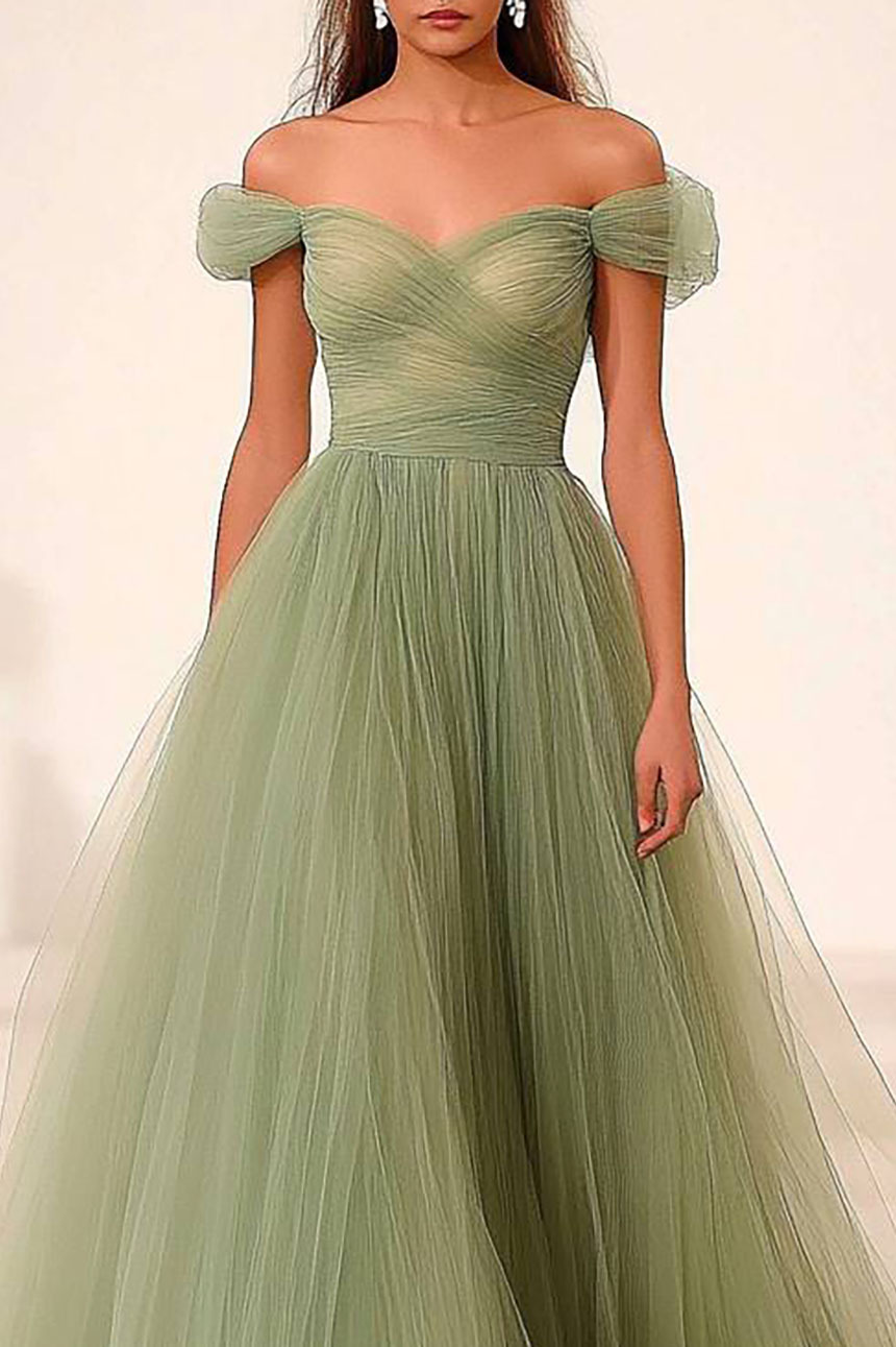 Formal Prom Mesh Dress Light Green Off-Shoulder Pleated Maxi Dress