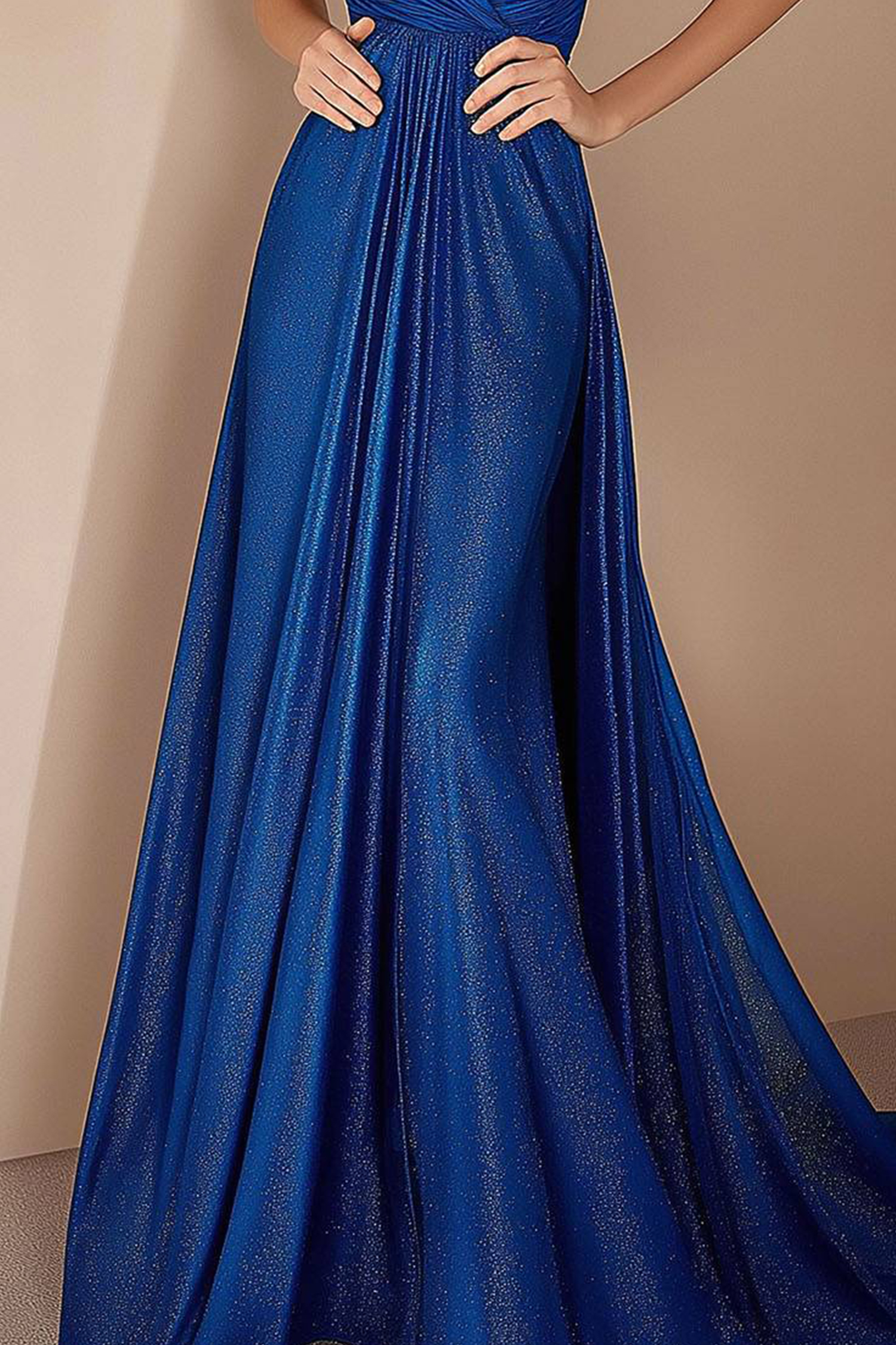 Evening Prom Blue Dress Off Shoulder Pleated Glitter Floor Length Dress