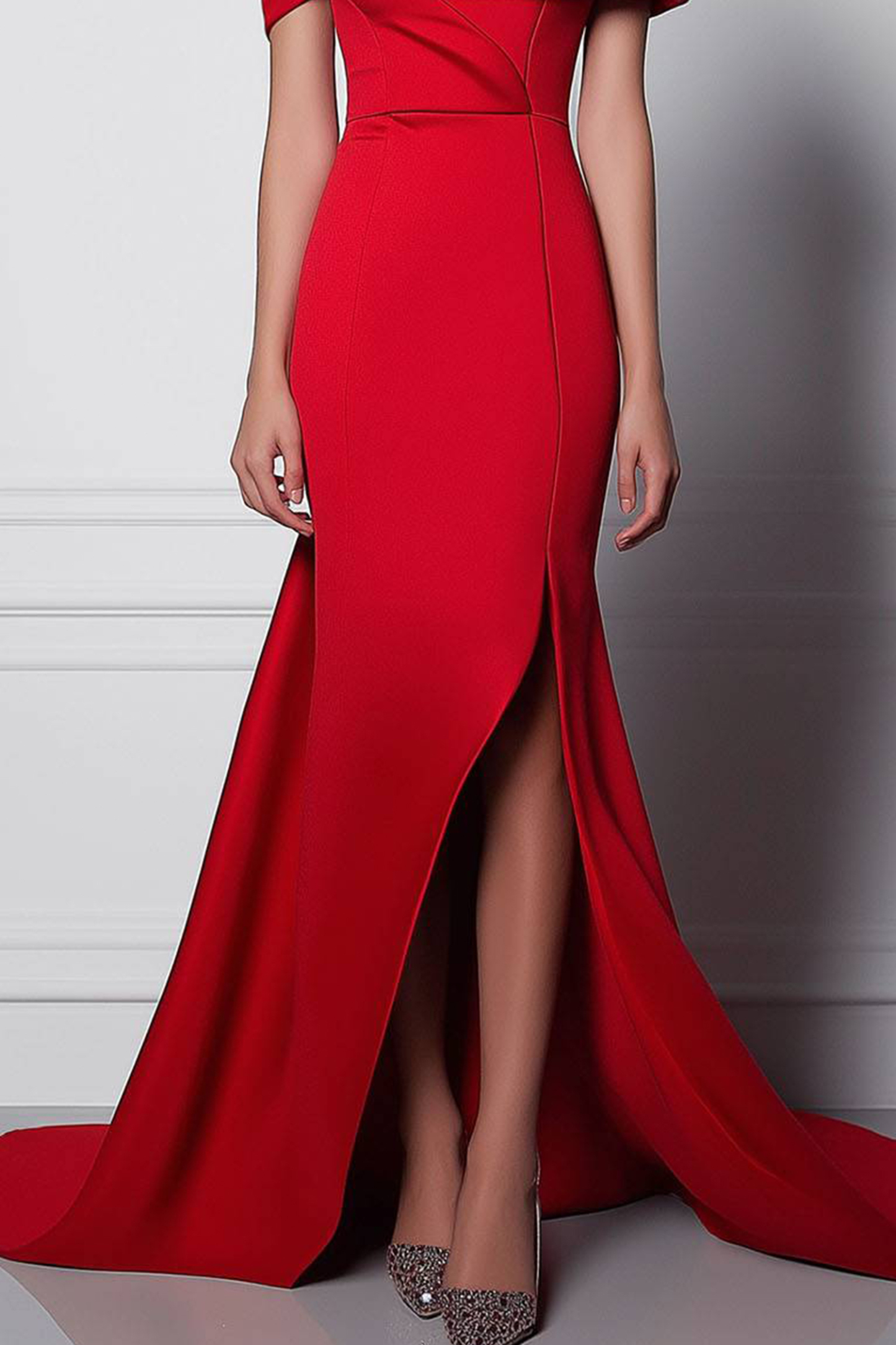Party Prom Red Dress One Shoulder Split Floor Length Dress
