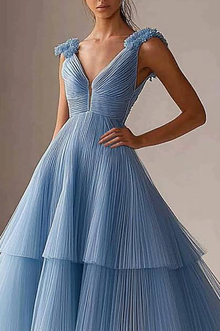 Formal Prom Tiered Dress Pleated Blue V-Neck Sleeveless Maxi Dress