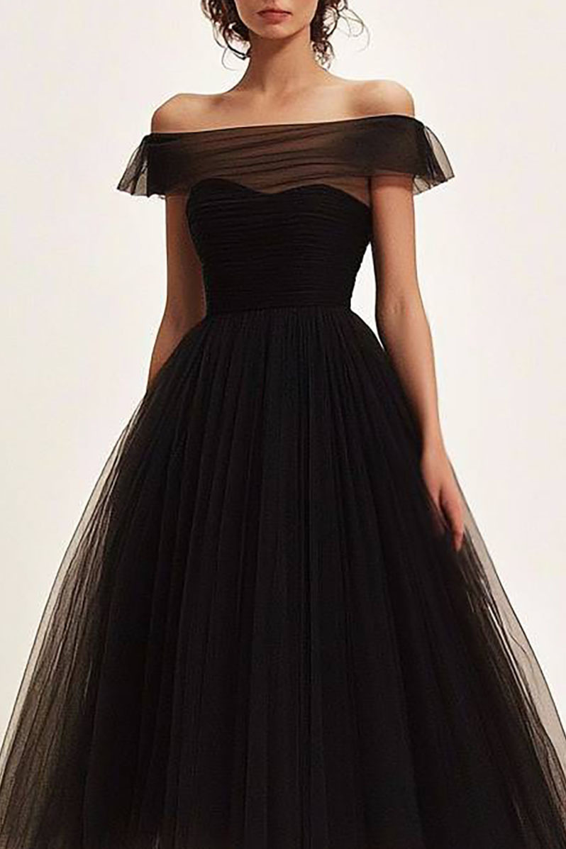 Prom Party Mesh Dress Off-Shoulder Black Midi Dress