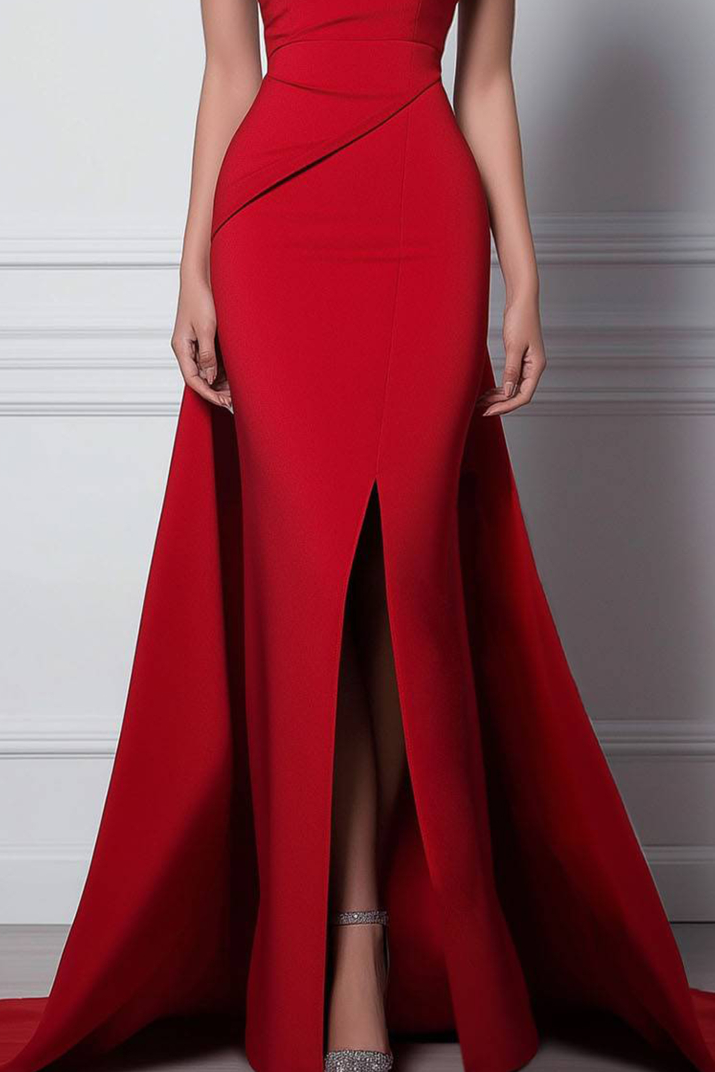 Party Prom Red Dress One Shoulder High Slit Floor Length Dress