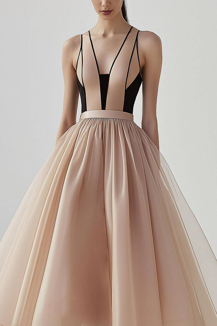 Prom Party Mesh Dress Color Block Sleeveless Ball Gown Midi Dress