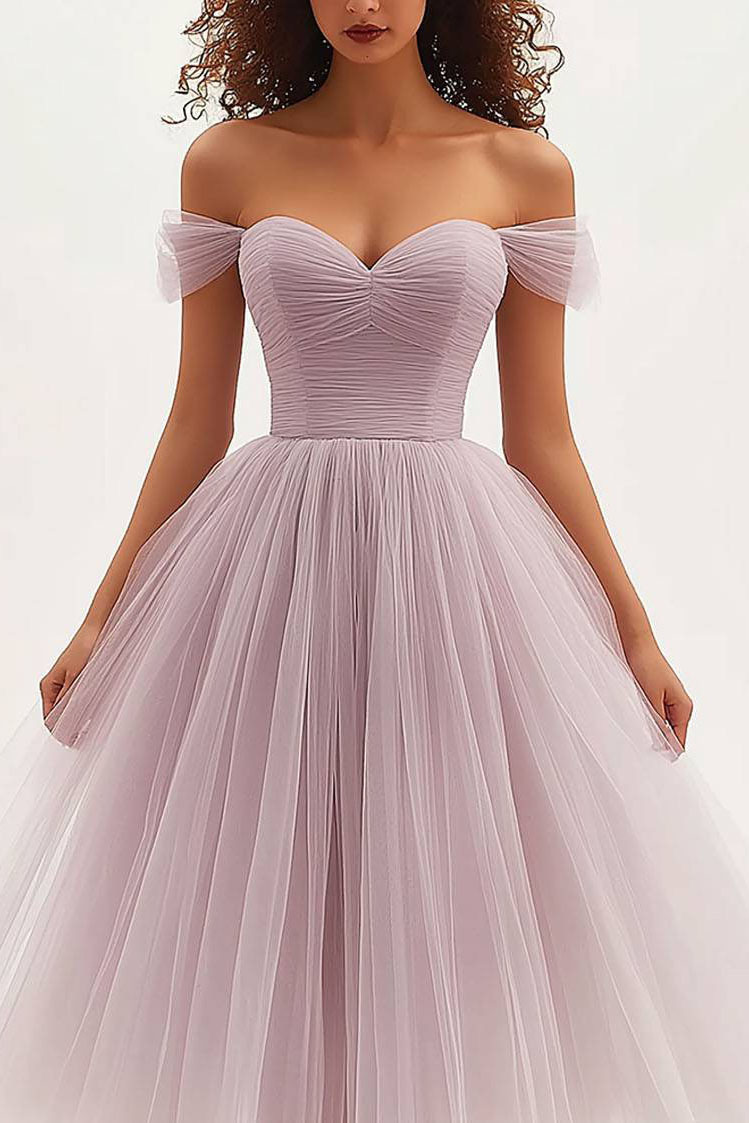 Prom Evening Tulle Dress Off-Shoulder Light Pink Pleated Midi Graduation Gown