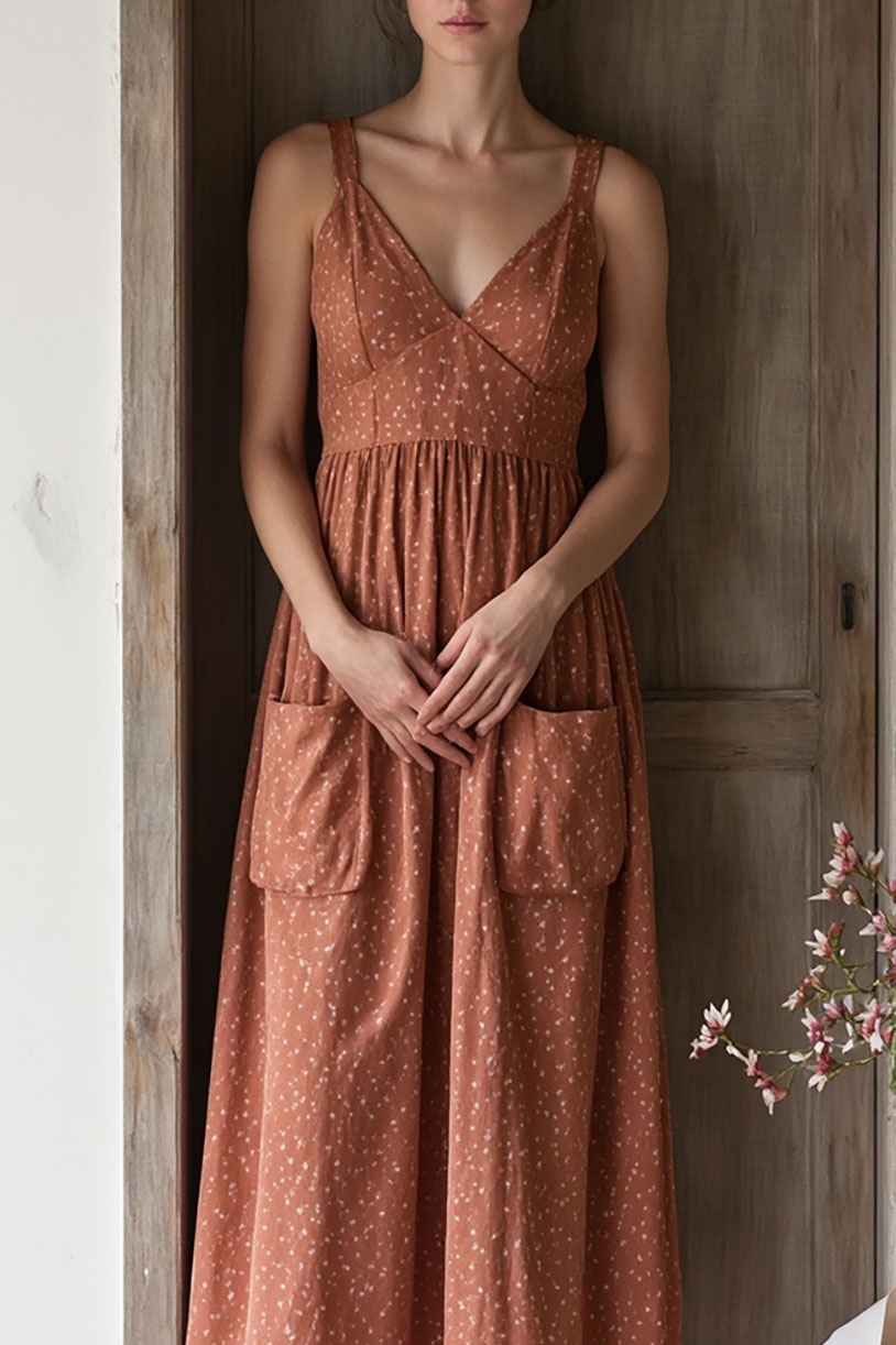 Casual Vacation Dress Light Brown Strappy Floral with Pockets Maxi Dress