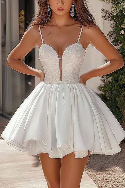 Cocktail Prom Mini Dress White Deep V Rhinestone Slip Gown-chiclody