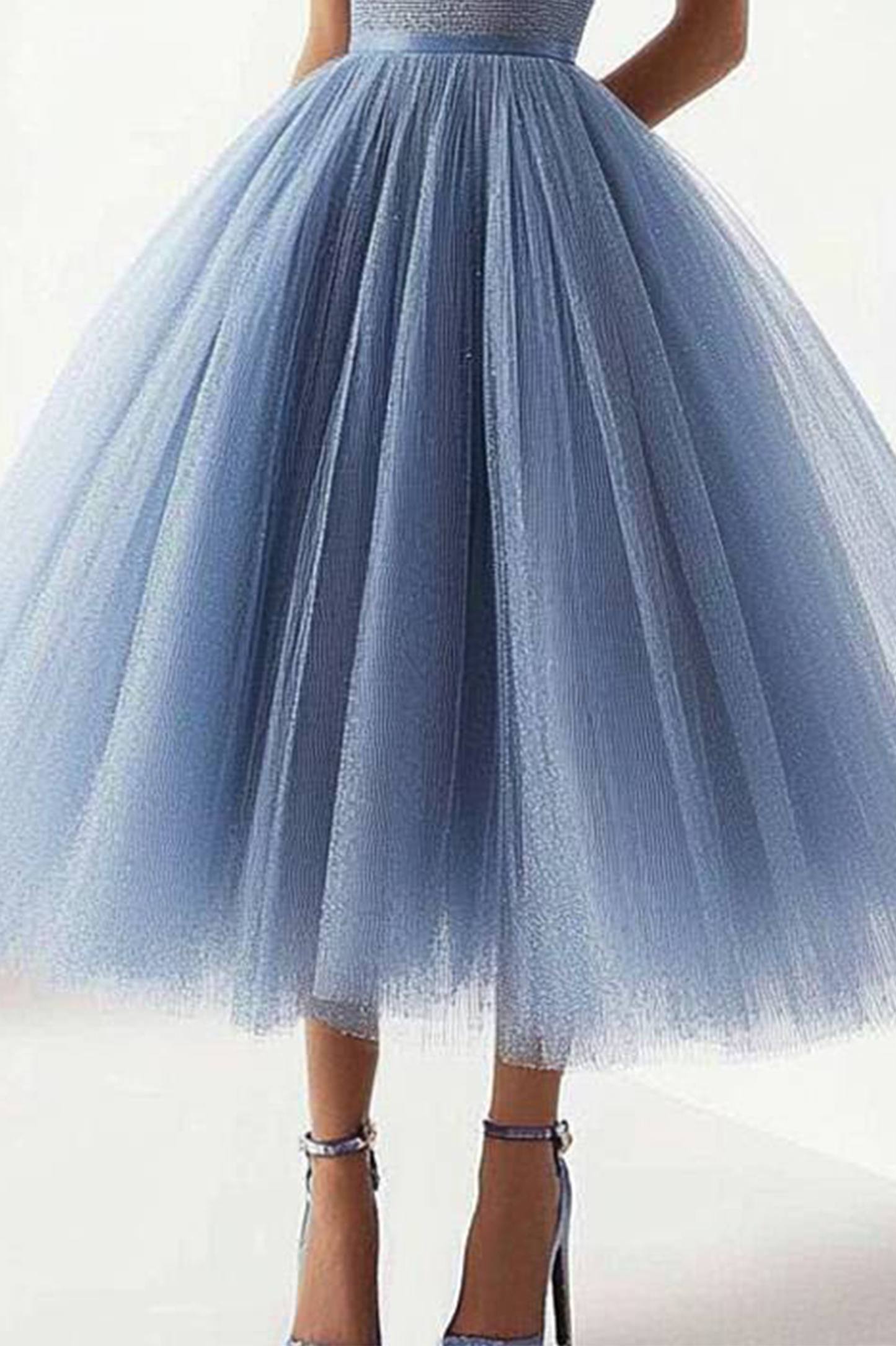 Graduation Prom Evening Light Blue Dress Sleeveless Mesh Pleated Midi Gown