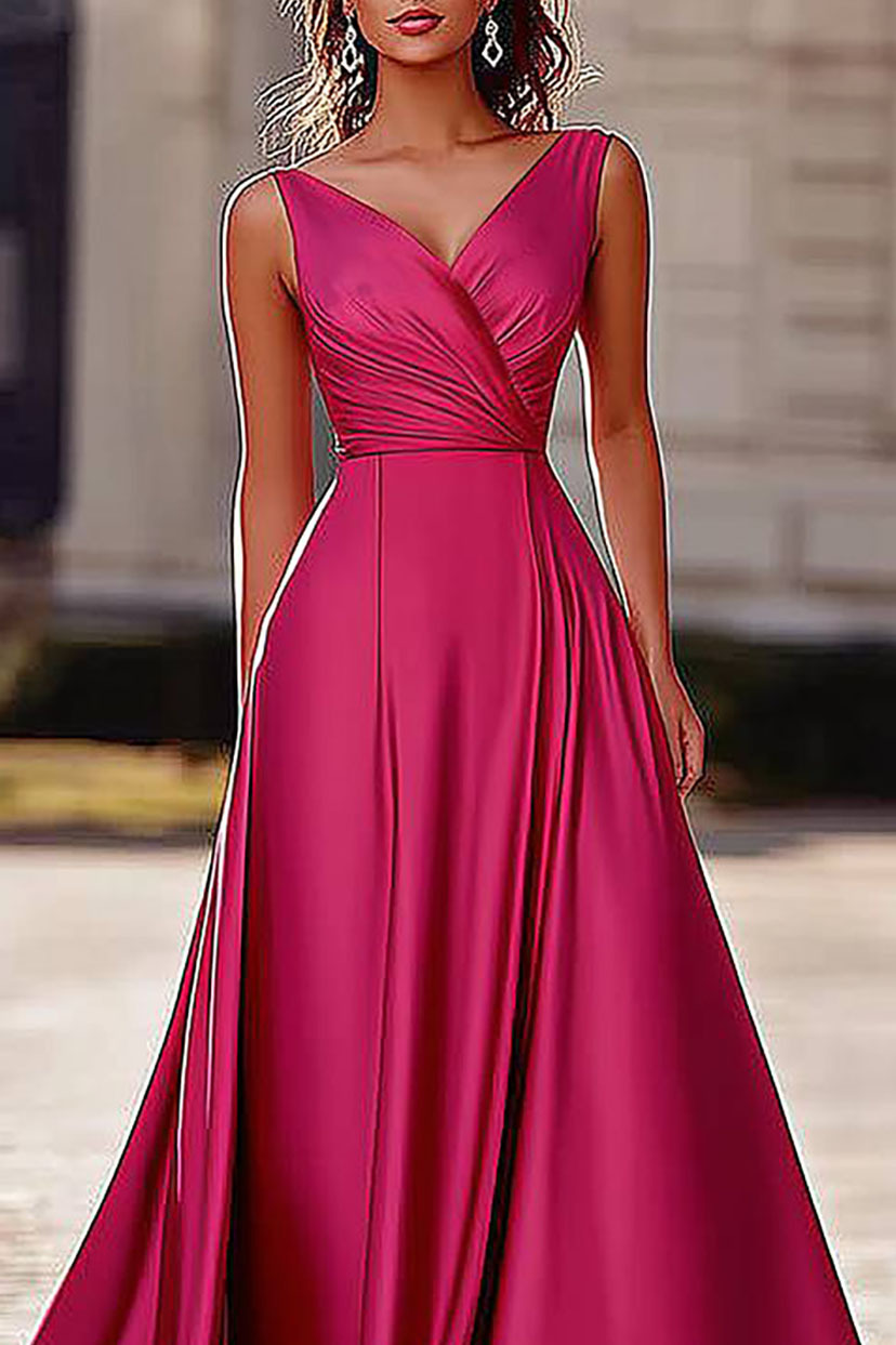 Formal Prom Evening Gown Satin Cross Neck Rose Sleeveless Maxi Dress