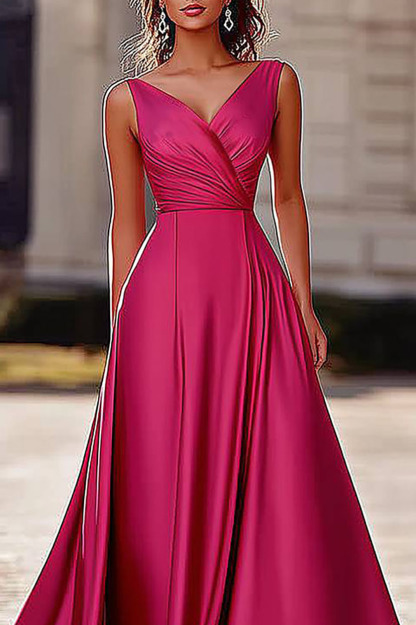 Formal Prom Evening Gown Satin Cross Neck Rose Sleeveless Maxi Dress