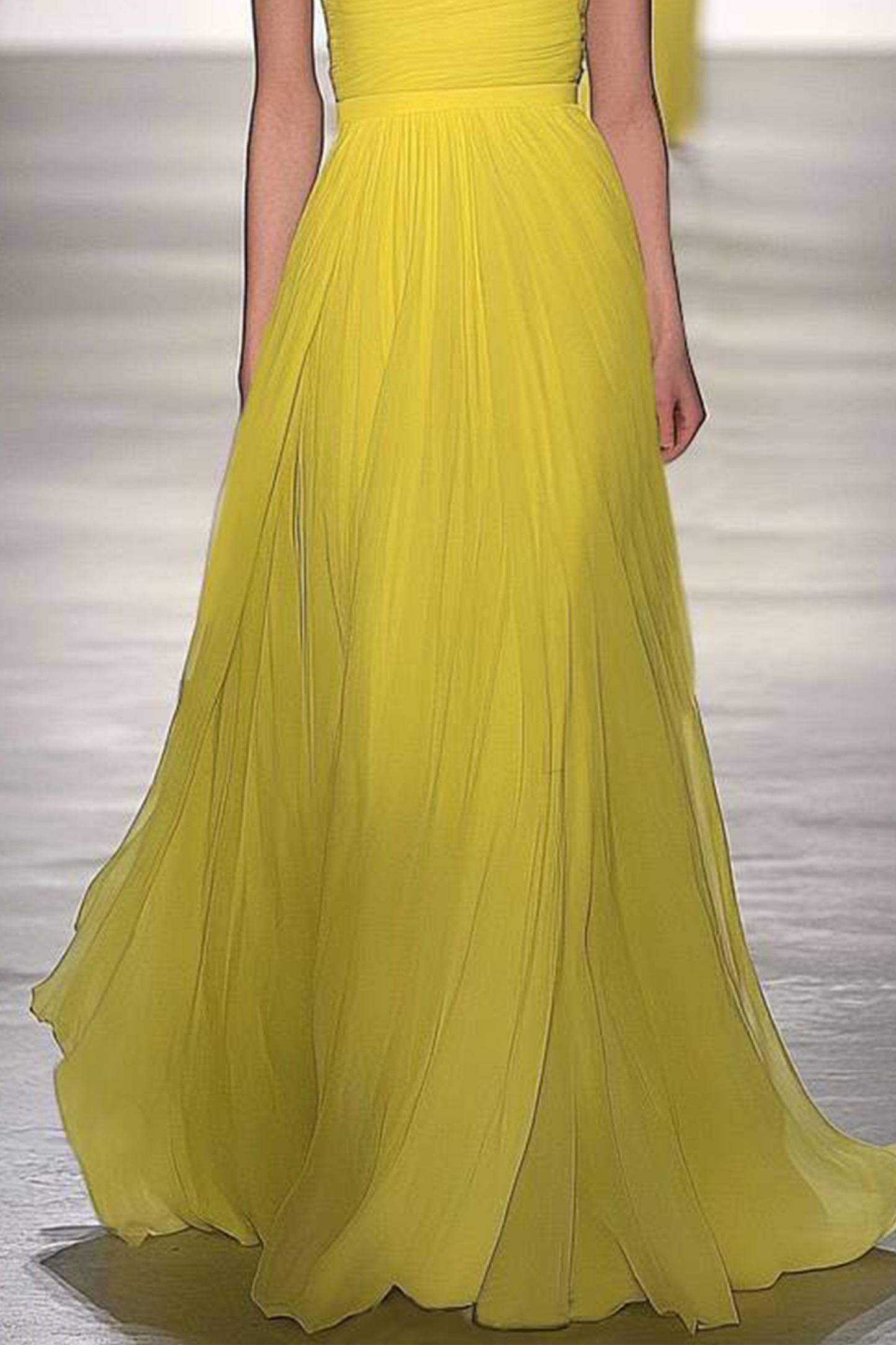 Evening Prom Mesh Yellow Dress Strapless Pleated Floor Length Dress