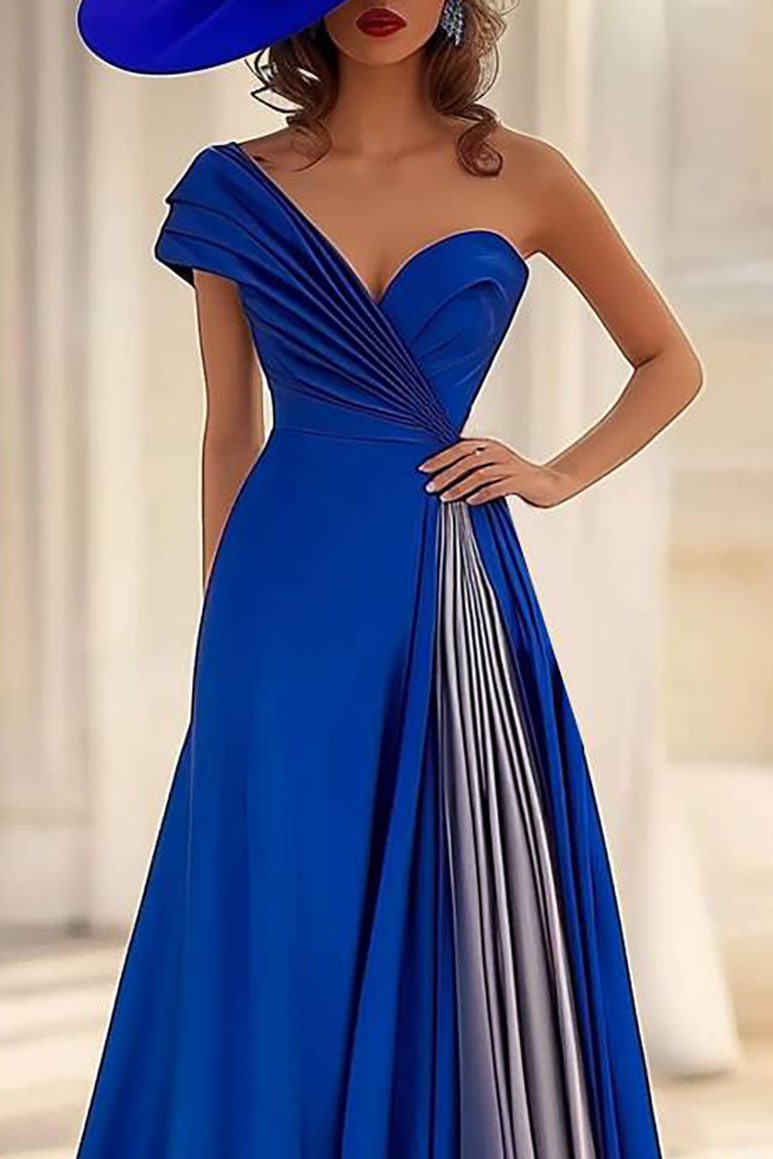 Evening Prom One-Shoulder Dress Pleated Colorblock Maxi Dress