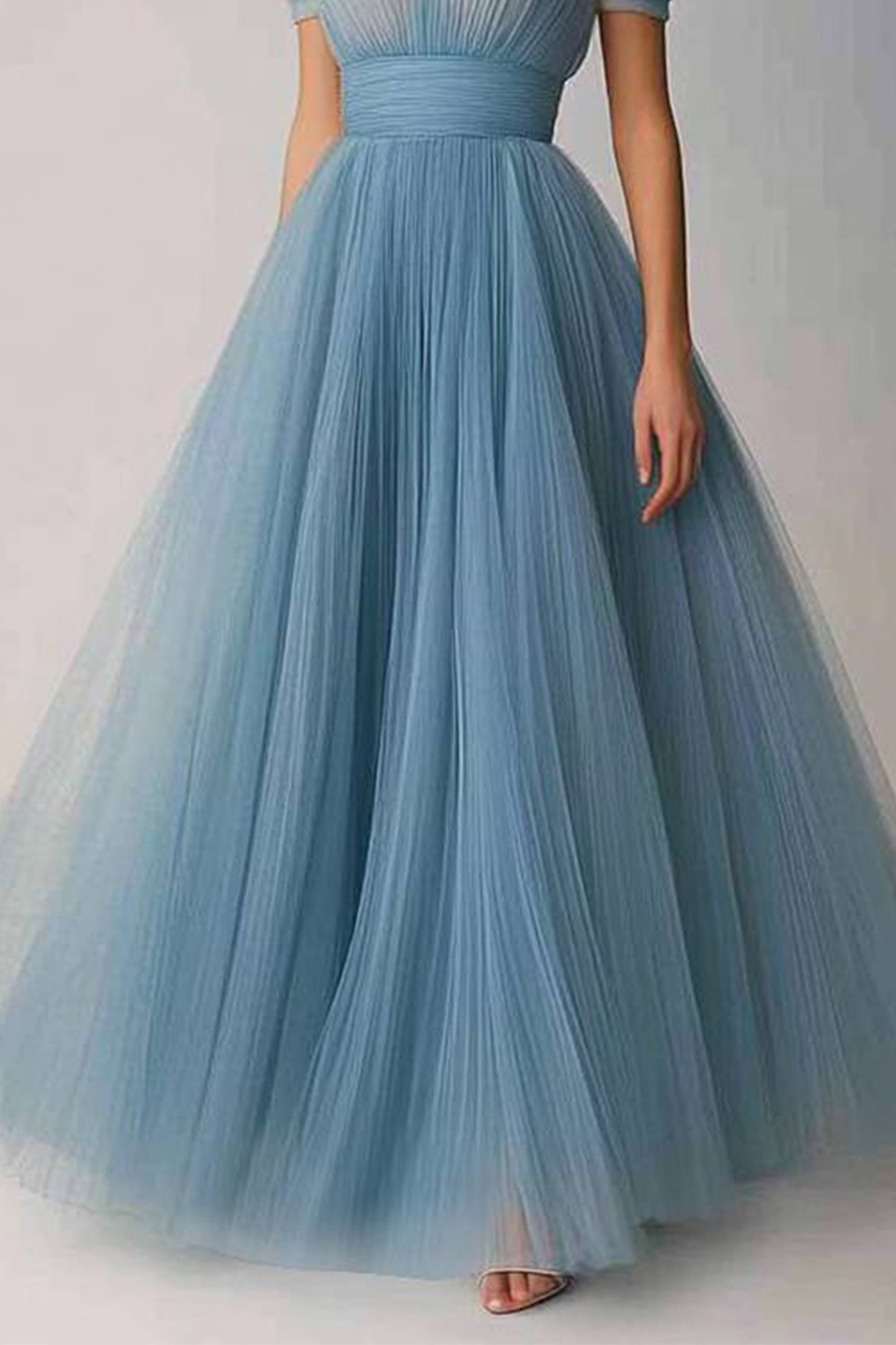 Formal Prom Light Blue Dress Belted Strapless Pleated Mesh Maxi Dress