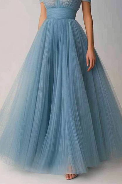 Formal Prom Light Blue Dress Belted Strapless Pleated Mesh Maxi Dress