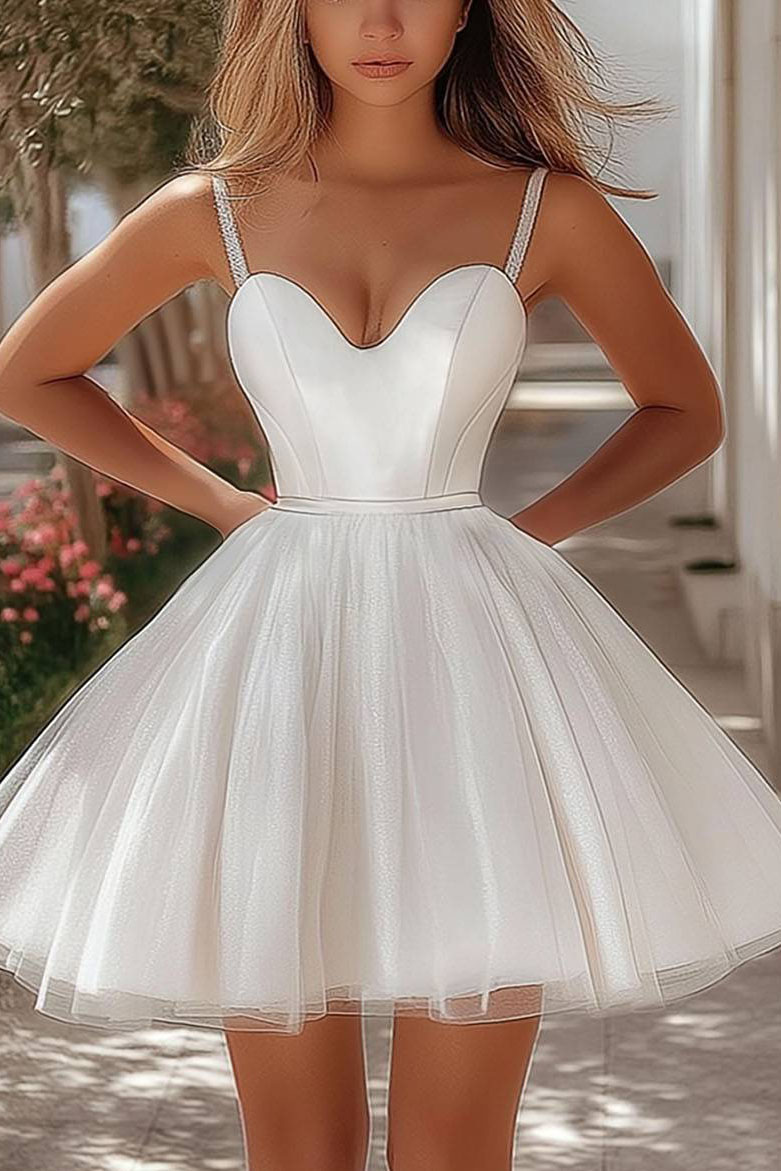 Party Prom Strappy Dress White Satin Tulle Super Short Gown-chiclody