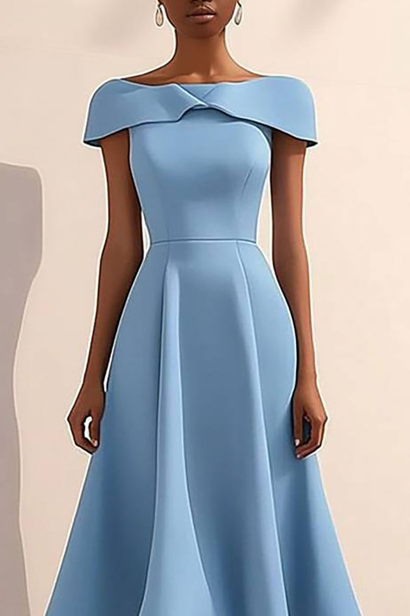 Semi-Formal Party Dress Blue Boat Neck Midi Dress