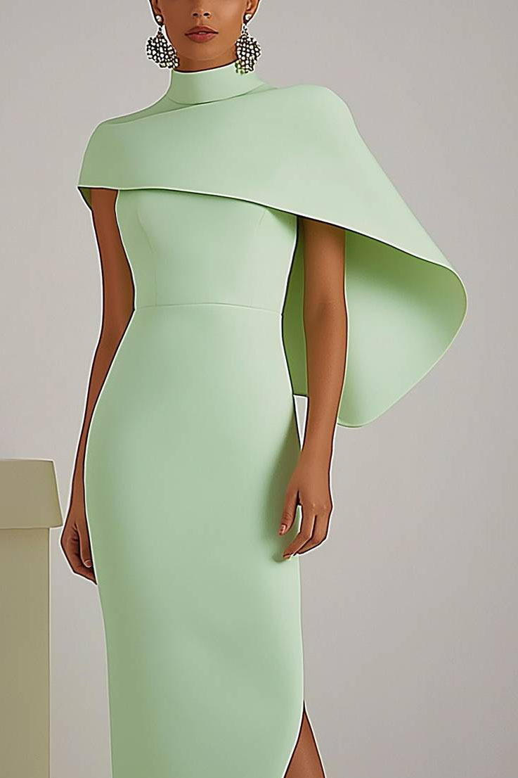 Chic Party Dress Light Green High Neck Cape Asymmetric Maxi Dress