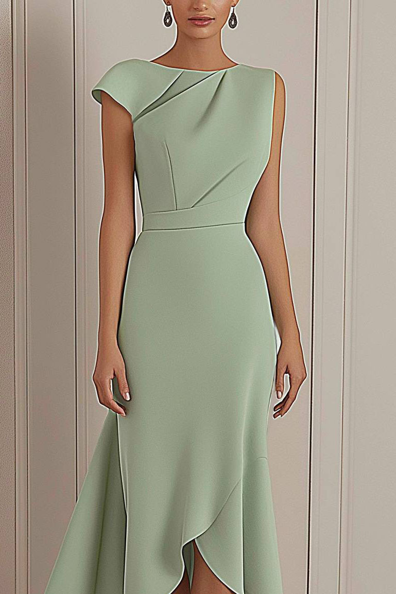Daily Party Dress Light Green Round Neck Asymmetric Midi Dress