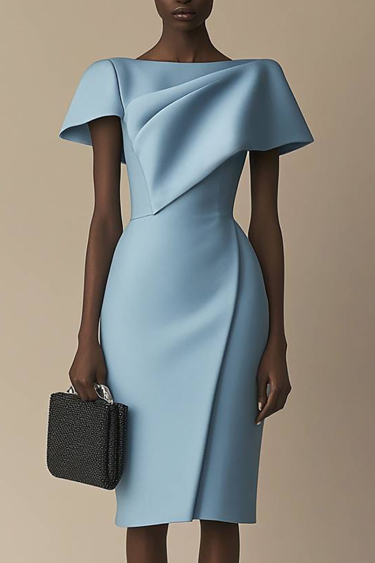 Semi-Formal Party Dress Blue Boat Neck Pleated Knee-Length Dress
