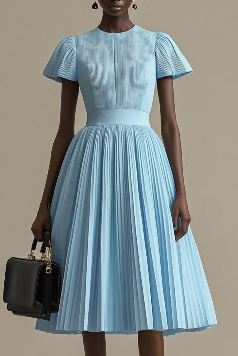 Ball Semi-Formal Dress Light Blue Pleated Round Neck Knee-Length Dress
