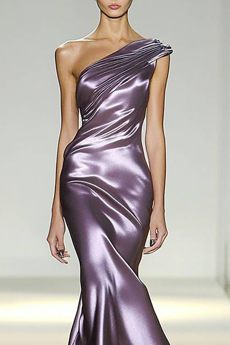 Prom Party Satin Dress Purple One-Shoulder Pleated Maxi Dress