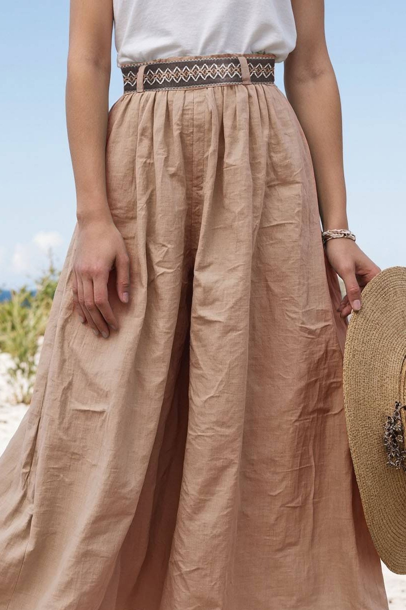 Casual Daily Linen Skirt Light Khaki with Belt Midi Skirt