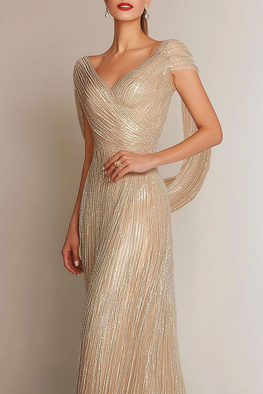 Prom Formal Gold Gown V-Neck Beaded Drop Maxi Dress