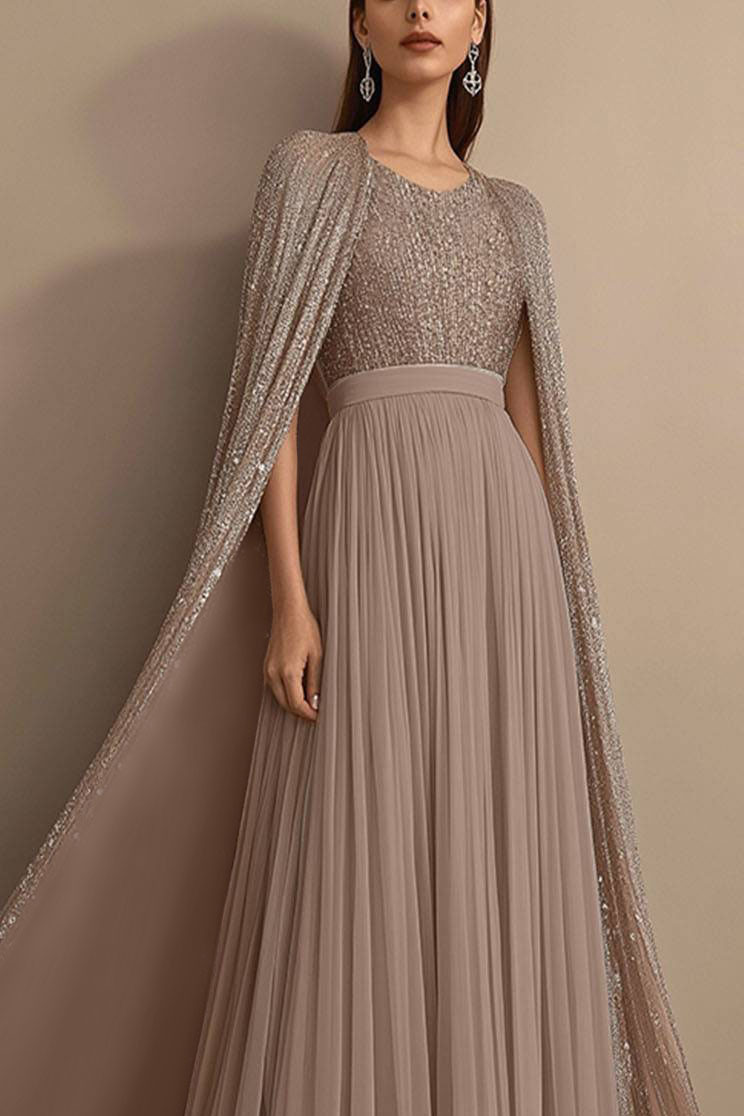 Luxe Evening Sequin Dress Tulle Grey Pink Cape Floor-Length Dress