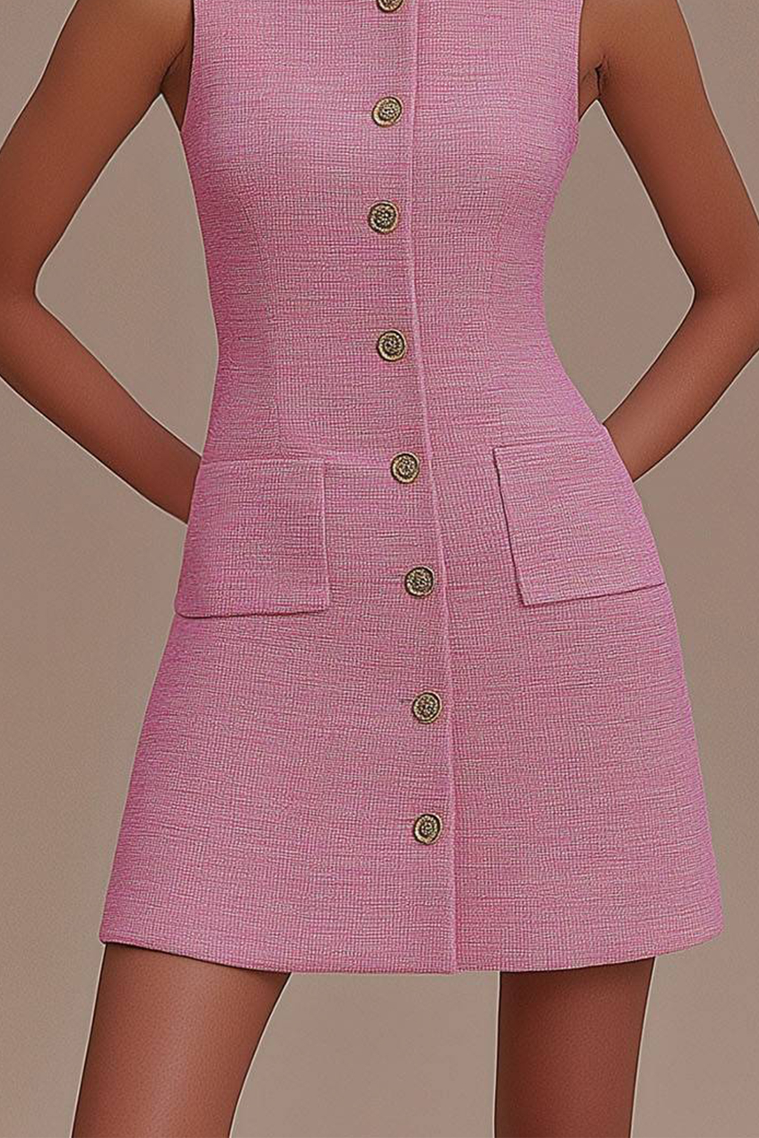 Party Prom Pink Dress High Neck Sleeveless Buttoned Mini Dress