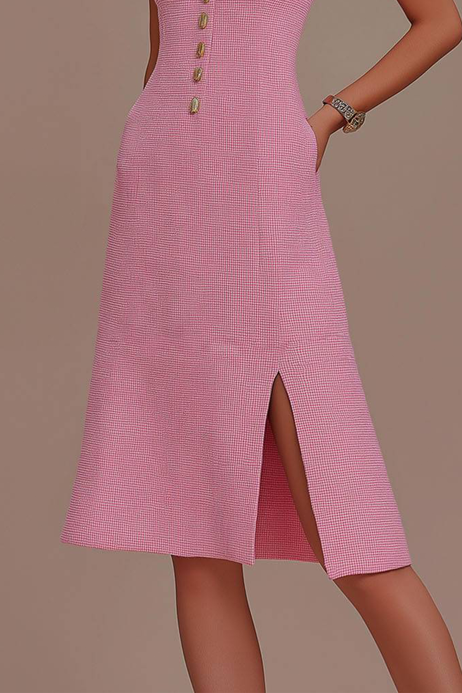 Semi-Formal Prom Pink Dress Sleeveless High Neck Buttoned Split Midi Dress