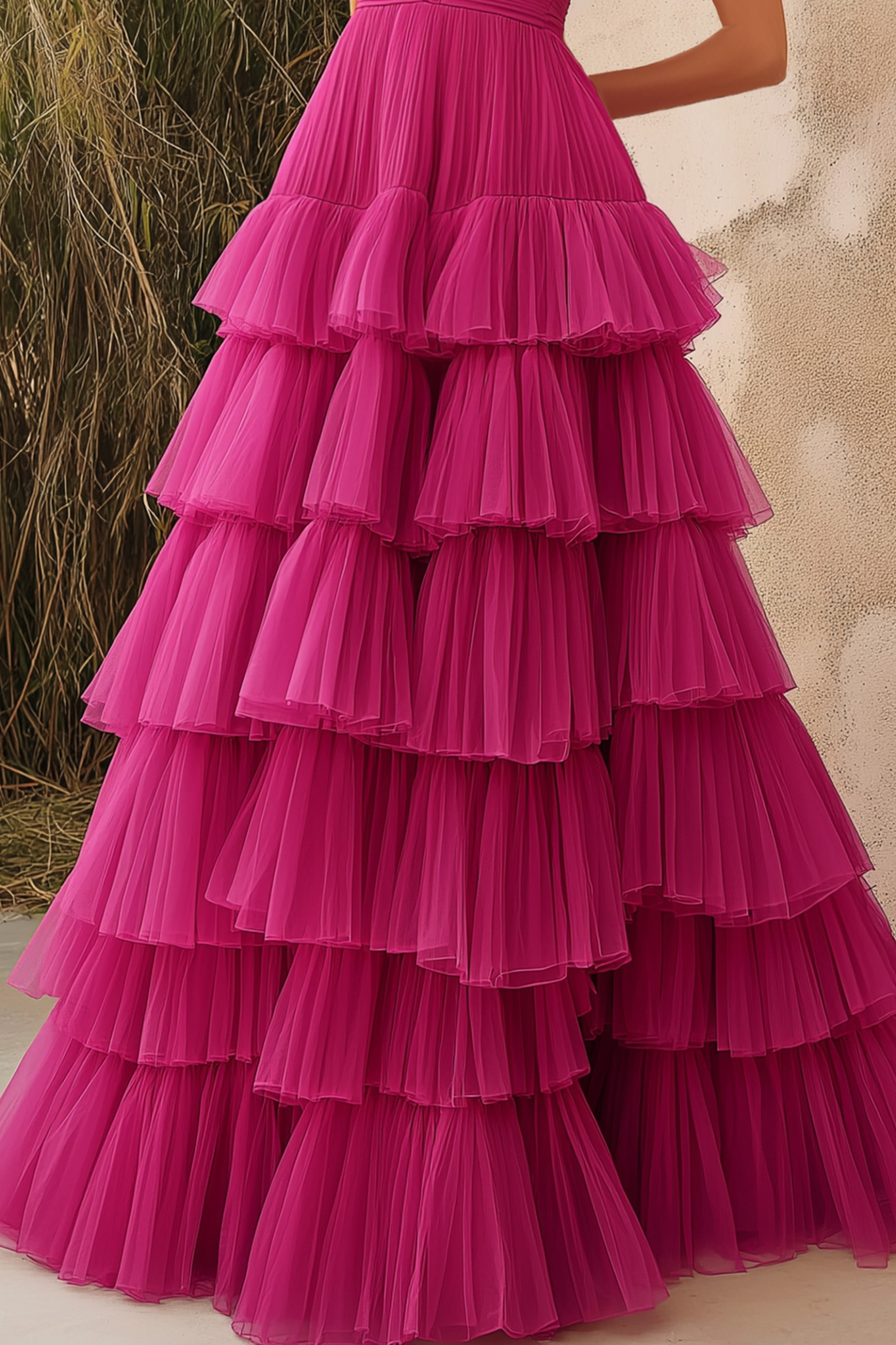 Formal Prom Rose Red Ball Gown Sleeveless V-Neck Tiered Pleated Maxi Dress
