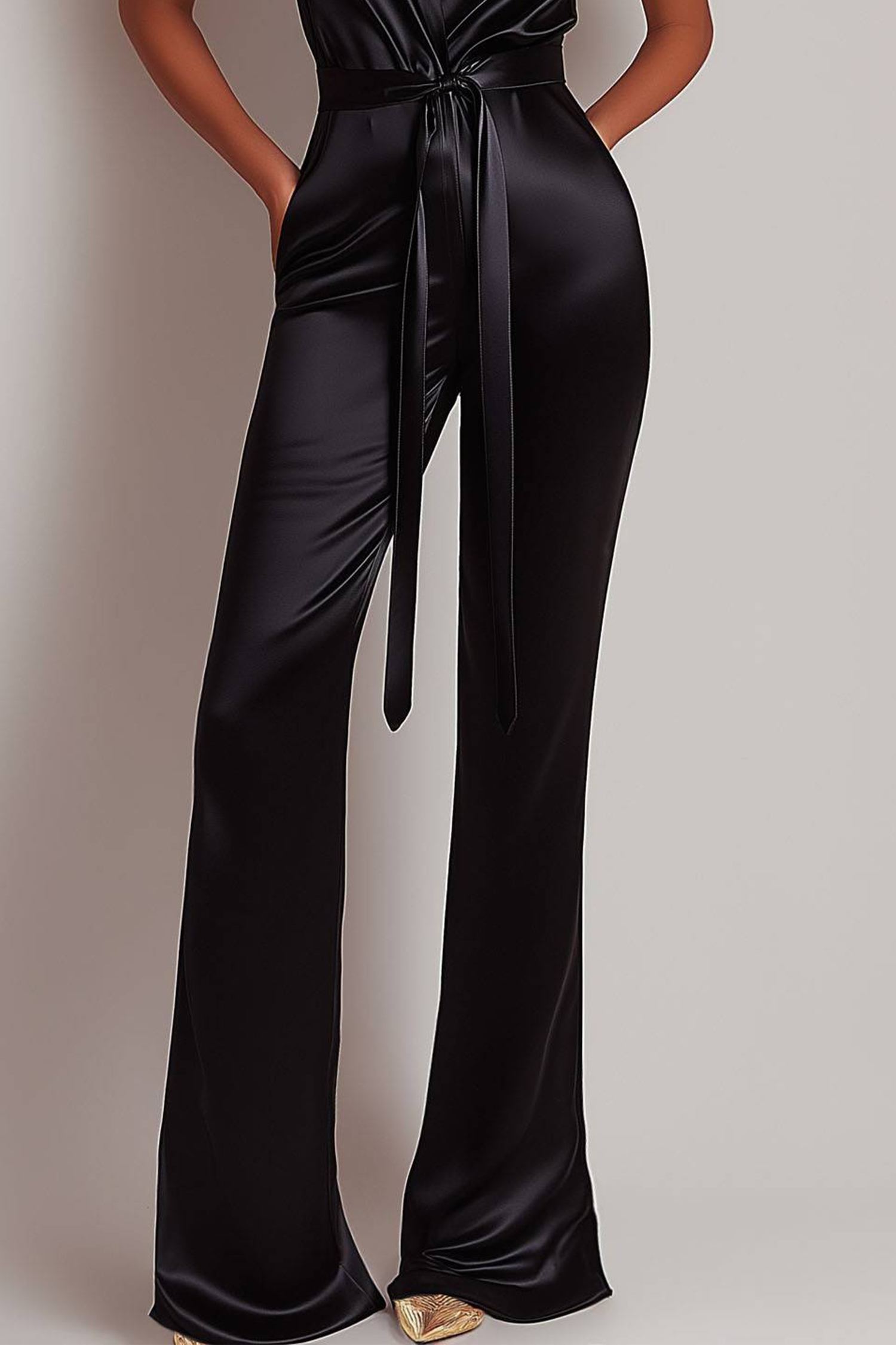 Party Prom Black Jumpsuit Halter Belted Satin Ruched Jumpsuit