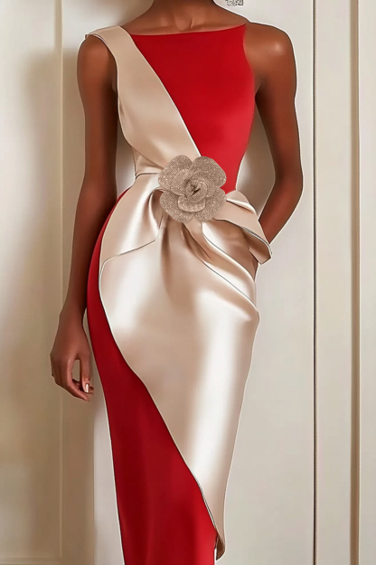Holiday Midi Dress Crew Neck Wedding Guest Pleats Dress