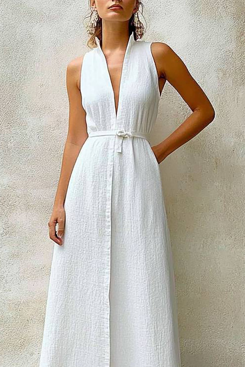 Casual Linen Dress White Sleeveless Deep V with Pockets Maxi Dress