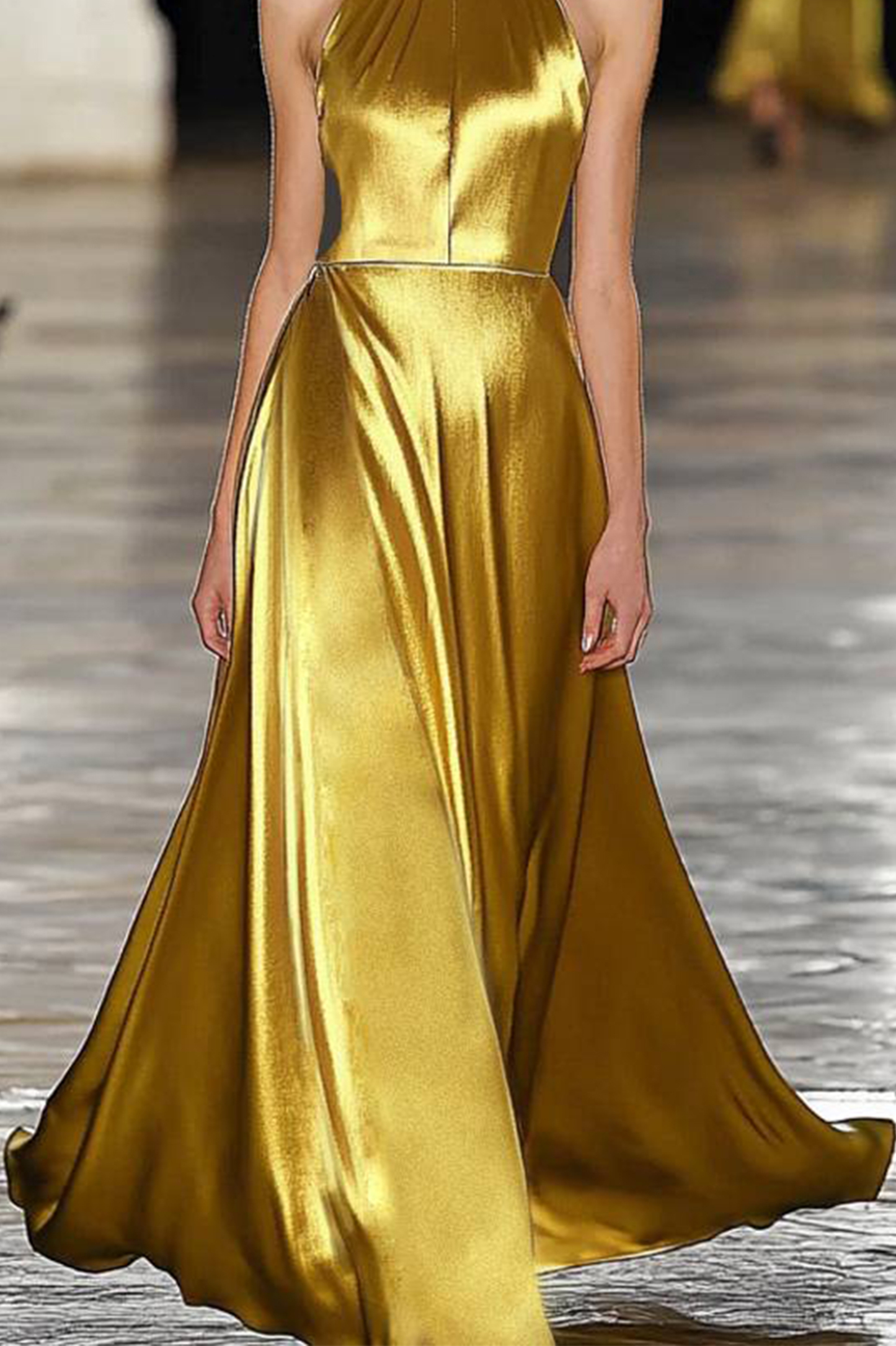Cocktail Prom Gold Dress Sleeveless Satin Floor-Length Dress
