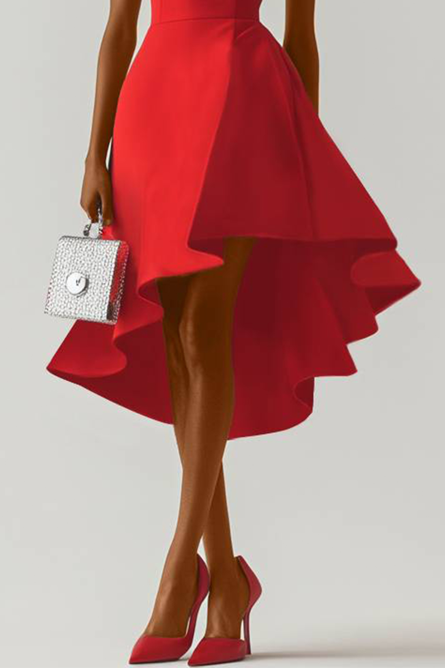Evening Prom Red Dress Sleeveless Boat Neck Asymmetrical Midi Dress